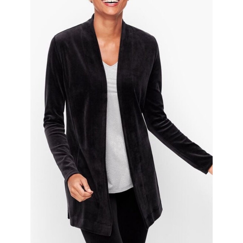 Talbots Women's Luxe Velour Open Front Cardigan Black Small with 2 pockets